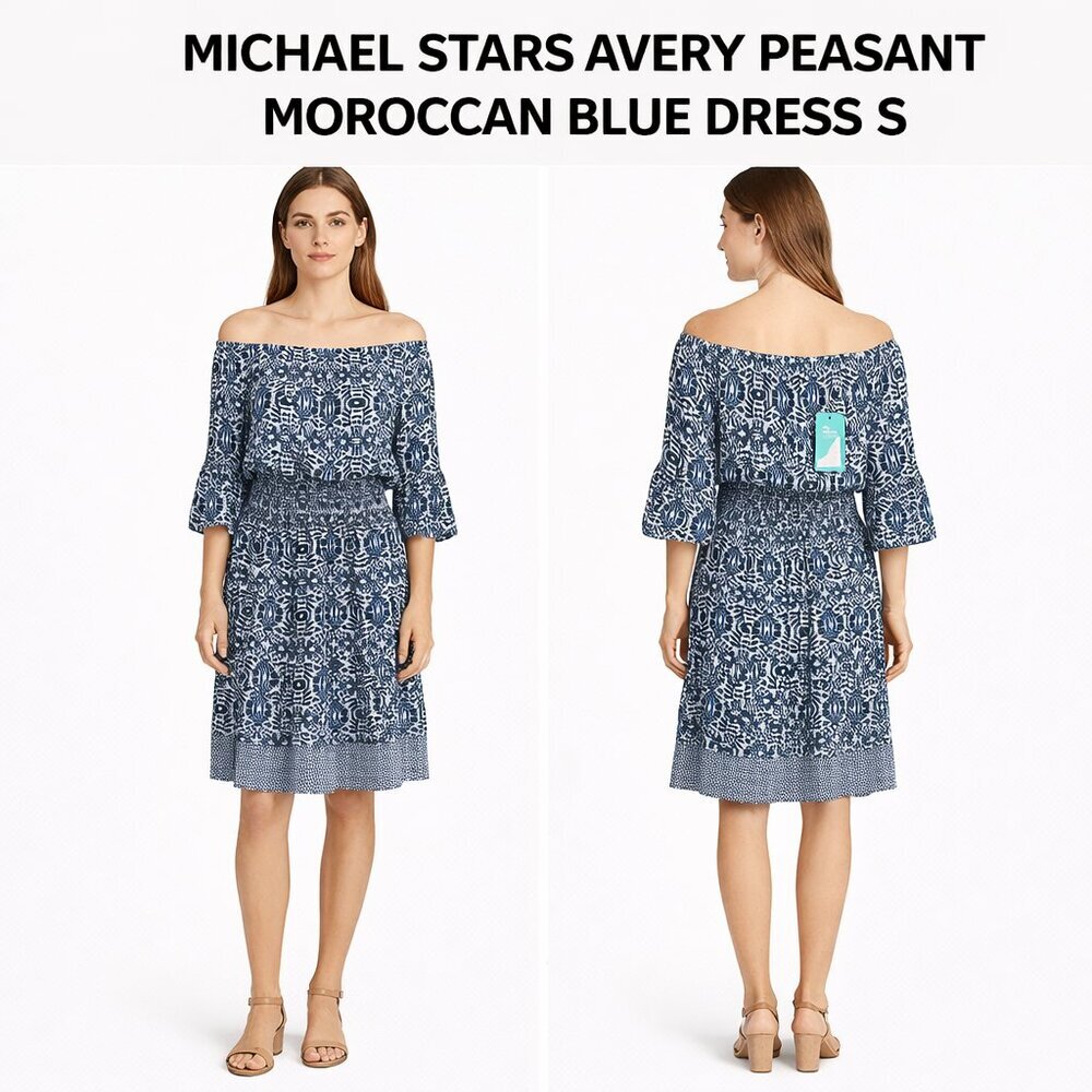 Michael Stars Avery Peasant Morocan Blue Pattern Dress Size Small NWT